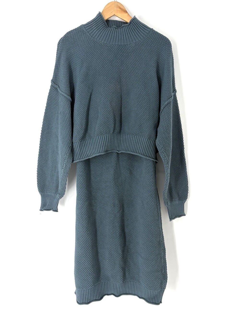 Free People FP Beach Hailee Set Medium Blue Knit Mock Neck Sweater Midi Skirt